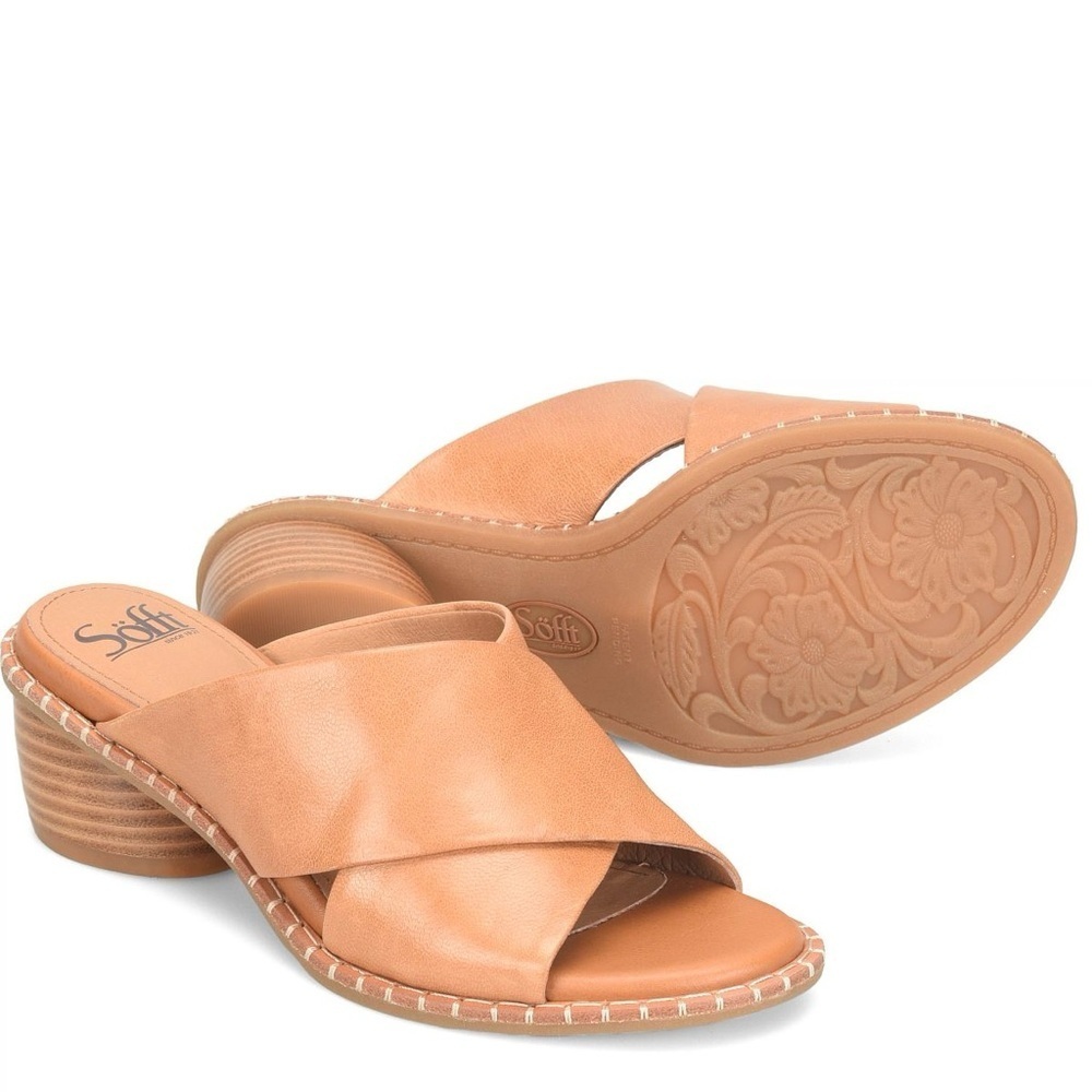 Söfft Italian Leather Crystal Heeled Slide Sandal in Luggage (Tan)